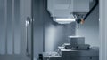 AI Generated Precision CNC Vertical Machining Center with Cooling Mist and Left Copy Space Royalty Free Stock Photo