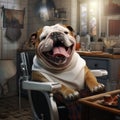 A photorealistic portrait happy Bulldog doing Haircut in grooming pet salon by AI generated