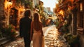 Perfect honeymoon. Couple of newlyweds - man and woman - walking on the streets of Paris Royalty Free Stock Photo