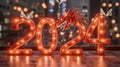 Chinese New Year banner. 2024 - year of the Dragon. Lights, lanterns, bokeh.