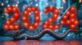 Chinese New Year banner. 2024 - year of the Dragon. Lights, lanterns, bokeh.