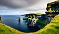 a picture of a cliff and the ocean with a green cliff in the background