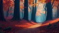 An AI-generated picture of a dense, mystical forest with towering trees