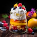 Dessert made of yoghurt, whipped cream and fresh tropical fruits.