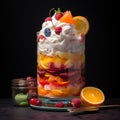 Dessert made of yoghurt, whipped cream and fresh tropical fruits.