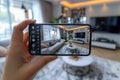 AI generated a picture of a hand holding a smartphone that is taking a photo of a modern living room