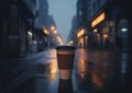 AI generated picture of paper cup on a blurred night city street background Royalty Free Stock Photo