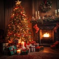 Christmas mood: christmas tree in front of the fireplace with presents underneath Royalty Free Stock Photo