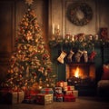 Christmas mood: christmas tree in front of the fireplace with presents underneath Royalty Free Stock Photo