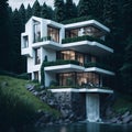 Ai generated picturesque building with a waterfall in front of it, surrounded by nature