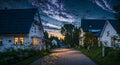 Ai generated picturesque street with white houses under a dramatic cloudy sky