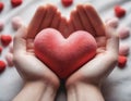 AI generated pink plush heart in hands. Soft light. Cozy photo