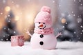 ai generated Pink snowman and gift in flying snowflakes against fir Christmas background , greeting card