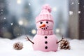 ai generated Pink snowman in hat outside flying snowflakes Christmas background , greeting card