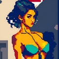 AI generated pixelated image of a bikini top clad brunette lady