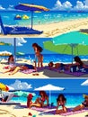 AI generated pixelated images of gorgeous sandy beaches and bikini clad women sunbathing