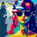 AI generated pixelated portrait of a woman with specs