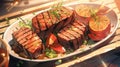 plate of perfectly grilled steak with grill marks with a sprinkle of fresh herbs manga cartoon style by AI generated
