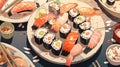 plate of sushi arranged in an exquisite pattern with chopsticks hovering above manga cartoon style by AI generated