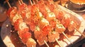 plate of tender and juicy grilled shrimp skewers manga cartoon style by AI generated