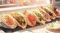 A platter of colorful and flavorful tacos with various fillings with salsa dripping manga cartoon style by AI generated