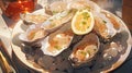 platter of fresh and briny oysters on ice with a squeeze of lemon manga cartoon style by AI generated Royalty Free Stock Photo