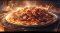 platter of sizzling fajitas with grilled peppers and onions with smoke swirling around manga cartoon style by AI generated Royalty Free Stock Photo