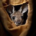 A playful baby kangaroo peeking out of its mother\'s pouch, its wide-eyed curiosity capturing hearts by AI generated