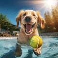 A playful Golden Retriever puppy splashing around in a clear blue water pool with a yellow ball by AI generated Royalty Free Stock Photo