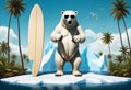 a polar bear standing on a piece of ice with a surfboard in the background Royalty Free Stock Photo