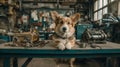 AI Generated. Portrait of a corgi in a retro workshop, posing like an engineer with old machinery and tools around. Royalty Free Stock Photo