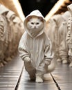 AI generated a portrait of a white cat in bipedal position wearing a white hooded sweatshirt.