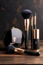 Luxury Makeup Brush Collection With Gold Accents Displayed Beside Elegant Compact On Wooden Surface Royalty Free Stock Photo