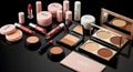 AI-generated Luxurious Makeup Collection Display With Rosy Tones, Powder, Lipstick, And Palette Collection For Everyday Glam Royalty Free Stock Photo