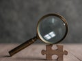 Problem Solving and Root Cause Analysis Concept with Magnifying Glass on Wooden Puzzle Piece. Royalty Free Stock Photo