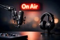 Modern Audio Broadcasting Studio With Microphone Headphones And On Air Background Royalty Free Stock Photo