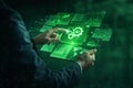 AI generated professional interacting with glowing AI dashboard panels showing analytics charts global data visualization and Royalty Free Stock Photo