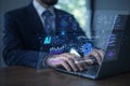 AI generated professional in suit using laptop with AI powered dashboards showing data analytics business intelligence machine Royalty Free Stock Photo