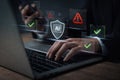 AI generated professional typing on laptop floating digital interface showing security shield check marks and warning alerts Royalty Free Stock Photo