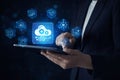 AI generated professional using tablet with hologram cloud computing icons ai automation data connectivity digital infrastructure Royalty Free Stock Photo
