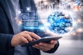 AI generated professional using tablet with holographic digital globe showing global media communication online collaboration Royalty Free Stock Photo