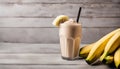 Protein powder, shake drink, banana protein fitness drink, copy space