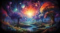 Psychedelic Dreamscape Mesmerizing Pulsating Energy, Morphing Shapes, and Kaleidoscope of Intense Colors by AI generated