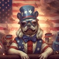 AI generated pug dog wearing an American flag bandana sitting at wooden tabe Royalty Free Stock Photo