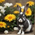 AI generated rabbit (with black and white spots) alongside yellow and white marigold