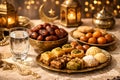 Ramadan Iftar Table With Dates Traditional Sweets And Lanterns In Elegant Golden Atmosphere Royalty Free Stock Photo