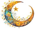 AI generated Ramadan Kareem background with crescent moon and stars, watercolor Royalty Free Stock Photo