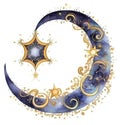 AI generated Ramadan Kareem background with crescent moon and stars, watercolor Royalty Free Stock Photo