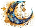 AI generated Ramadan Kareem background with crescent moon and stars, watercolor Royalty Free Stock Photo