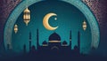 ramadan kareem greetings card with islamic ornaments, mosque silhouette, crescent moon, lanterns on the starry night blue sky Royalty Free Stock Photo